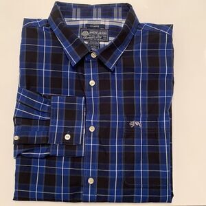 American Rag Plaid Navy Blue Black Cotton Blend Long Sleeve Men’s Shirt Size XL